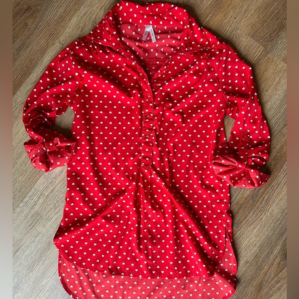 Valentine’s Day Red And White Heart Polka Dot Tunic Blouse, Size Small